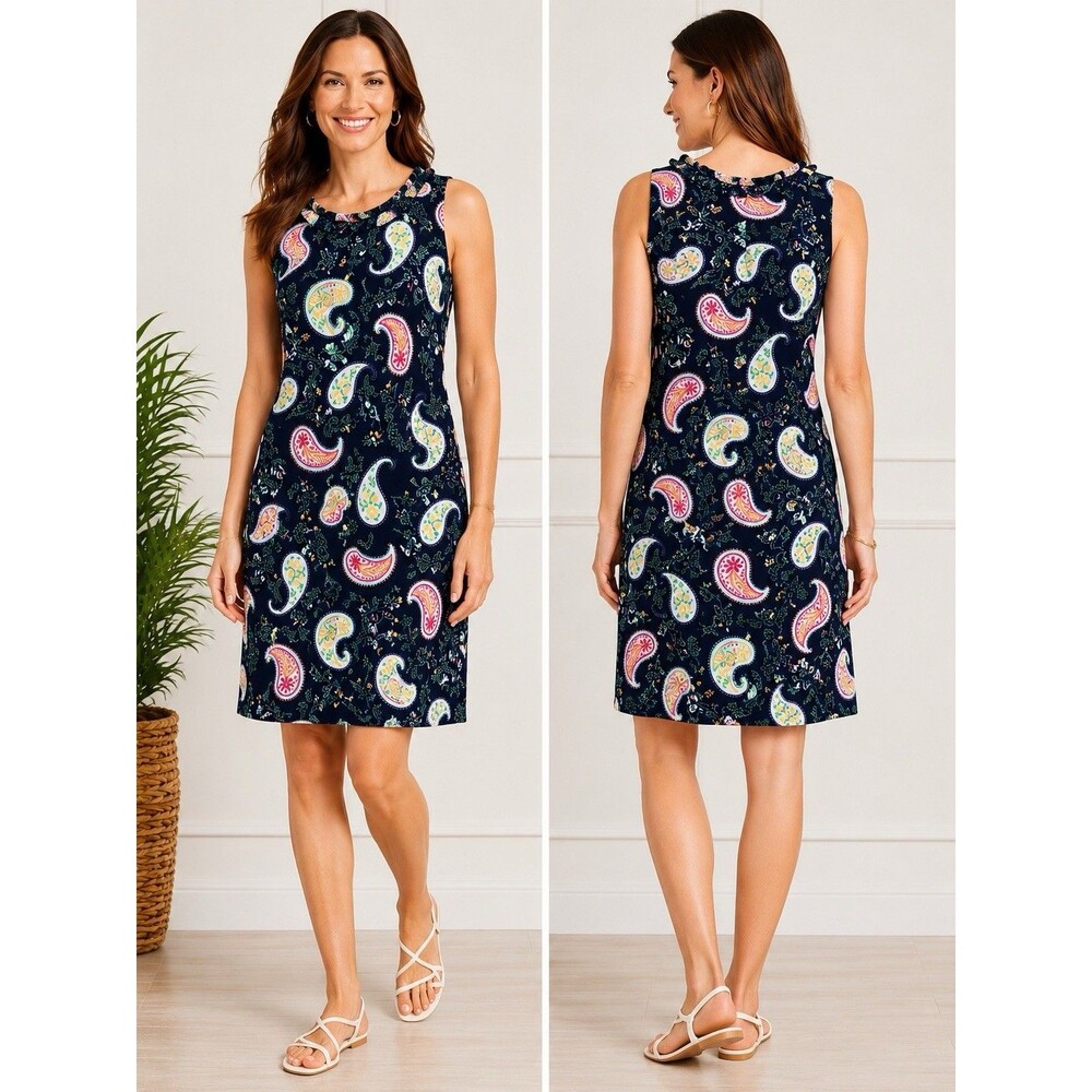 Talbots 100% Cotton Paisley Shift Dress Sleeveless Ruffle Neck Women's Medium